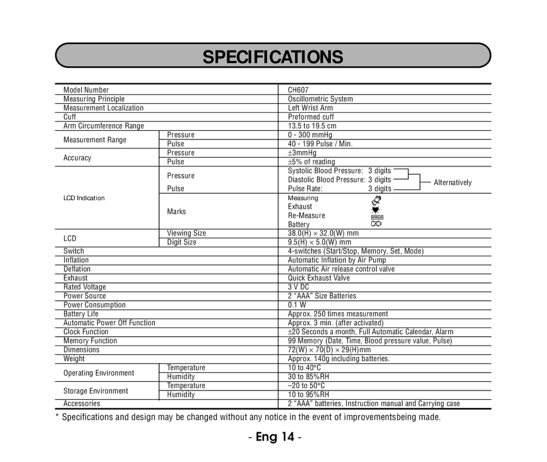 Citizen ch607 instruction manual Specifications, Lcd 