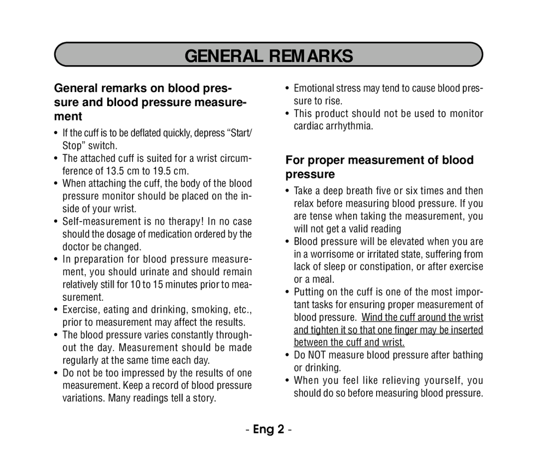 Citizen ch607 instruction manual General Remarks, For proper measurement of blood pressure 