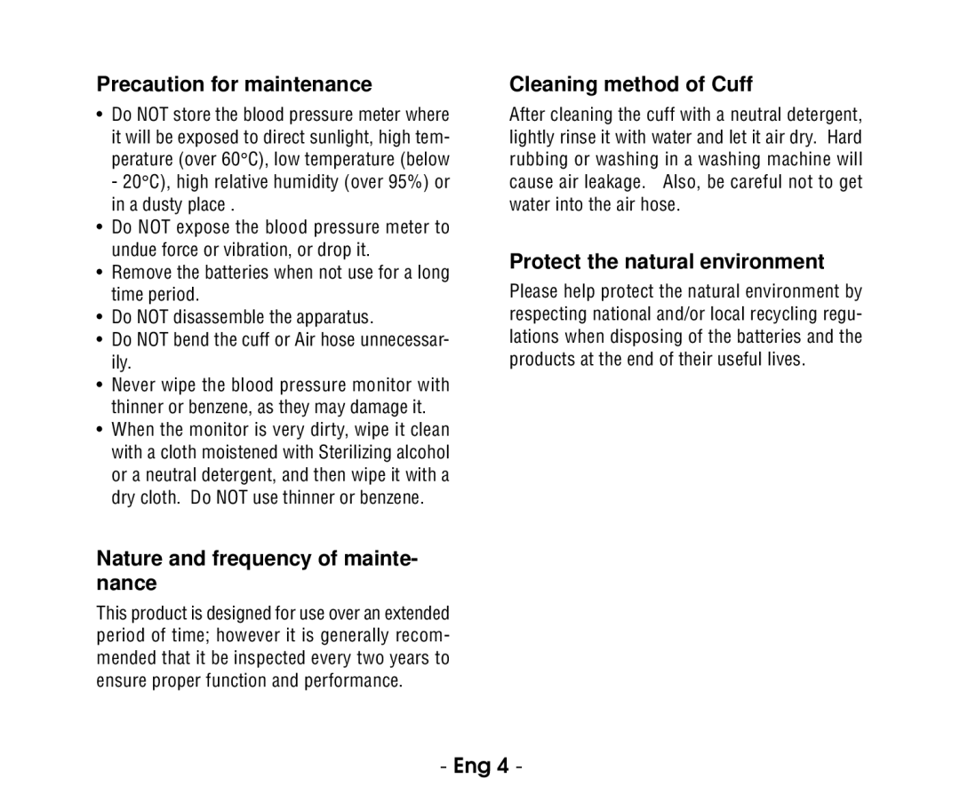 Citizen ch607 instruction manual Precaution for maintenance, Nature and frequency of mainte- nance, Cleaning method of Cuff 