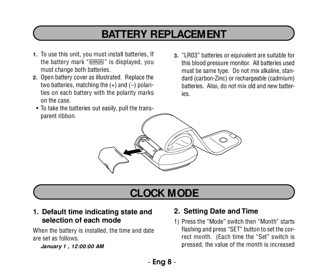 Citizen ch607 instruction manual Battery Replacement, Clock Mode, Default time indicating state and selection of each mode 