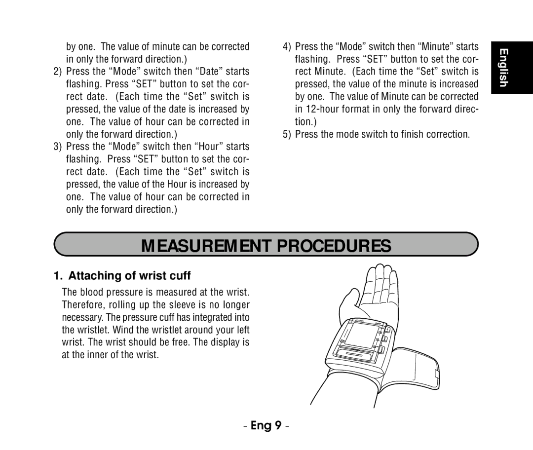 Citizen ch607 instruction manual Measurement Procedures, Attaching of wrist cuff 