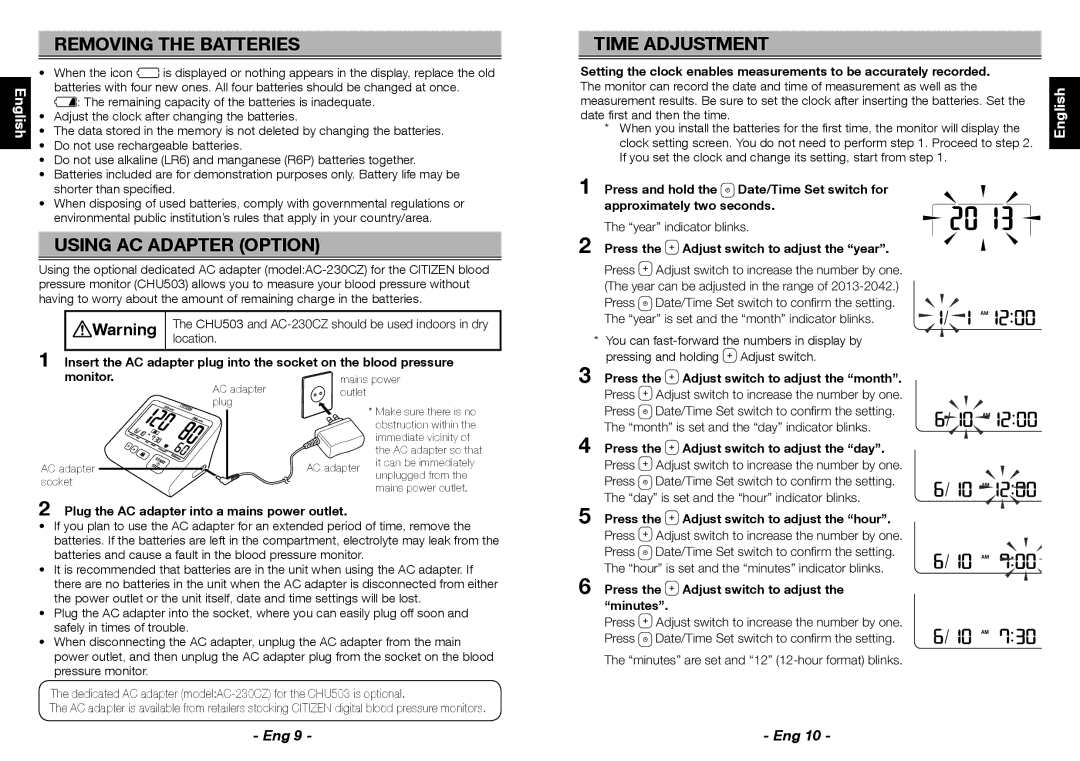 Citizen CHU503 instruction manual Removing the Batteries, Time Adjustment, Using AC Adapter Option, Español 