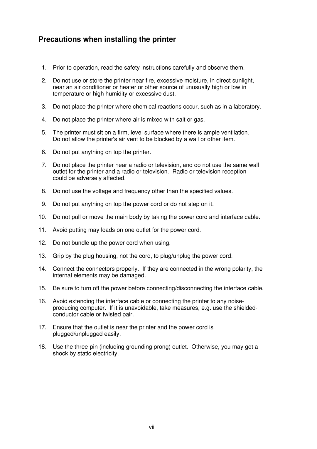 Citizen CLP-2001 user manual Precautions when installing the printer 