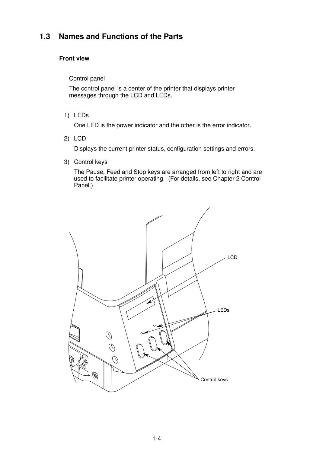 Citizen CLP-2001 user manual Names and Functions of the Parts, Front view 