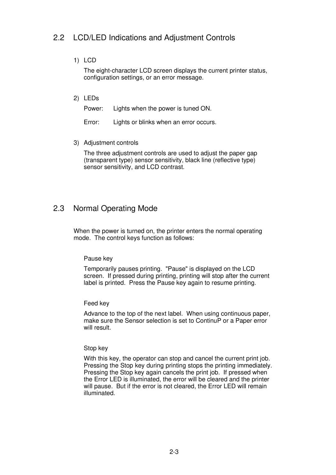 Citizen CLP-2001 user manual LCD/LED Indications and Adjustment Controls, Normal Operating Mode 