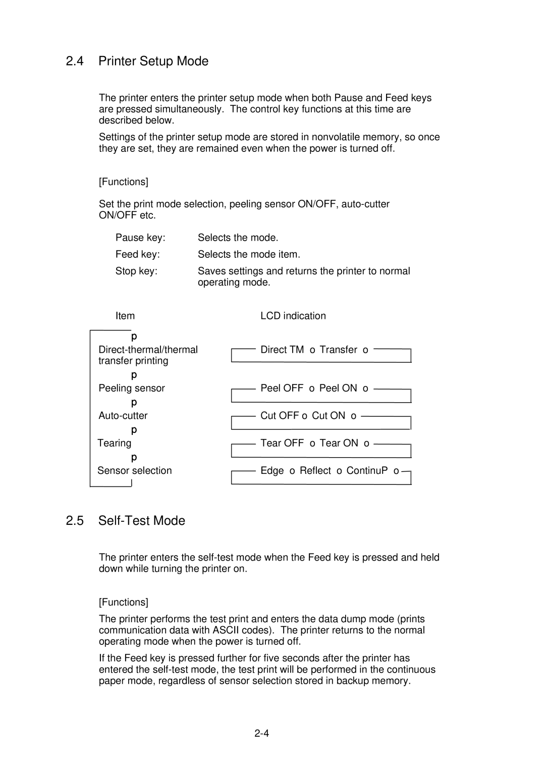 Citizen CLP-2001 user manual Printer Setup Mode, Self-Test Mode 