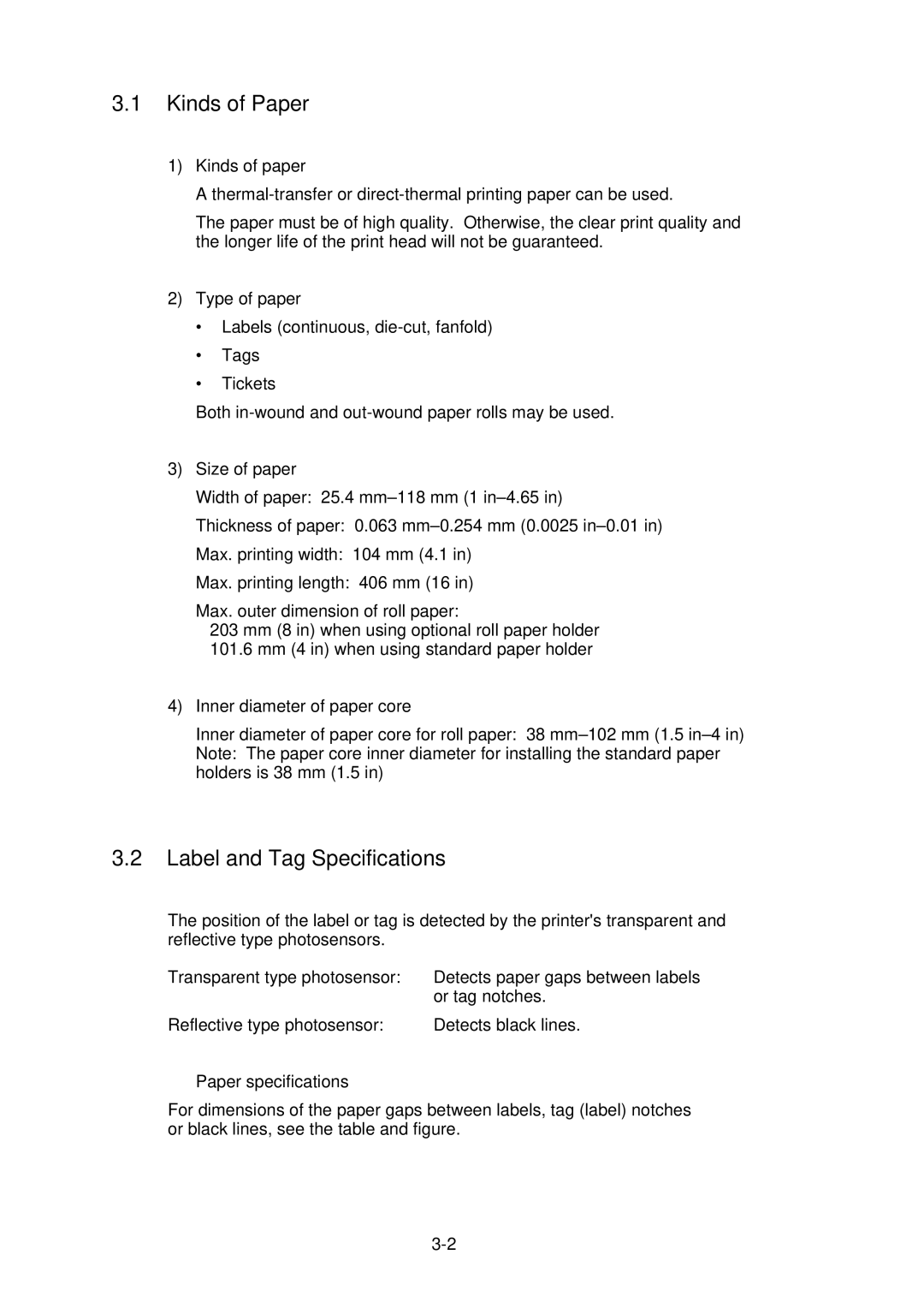 Citizen CLP-2001 user manual Kinds of Paper, Label and Tag Specifications 