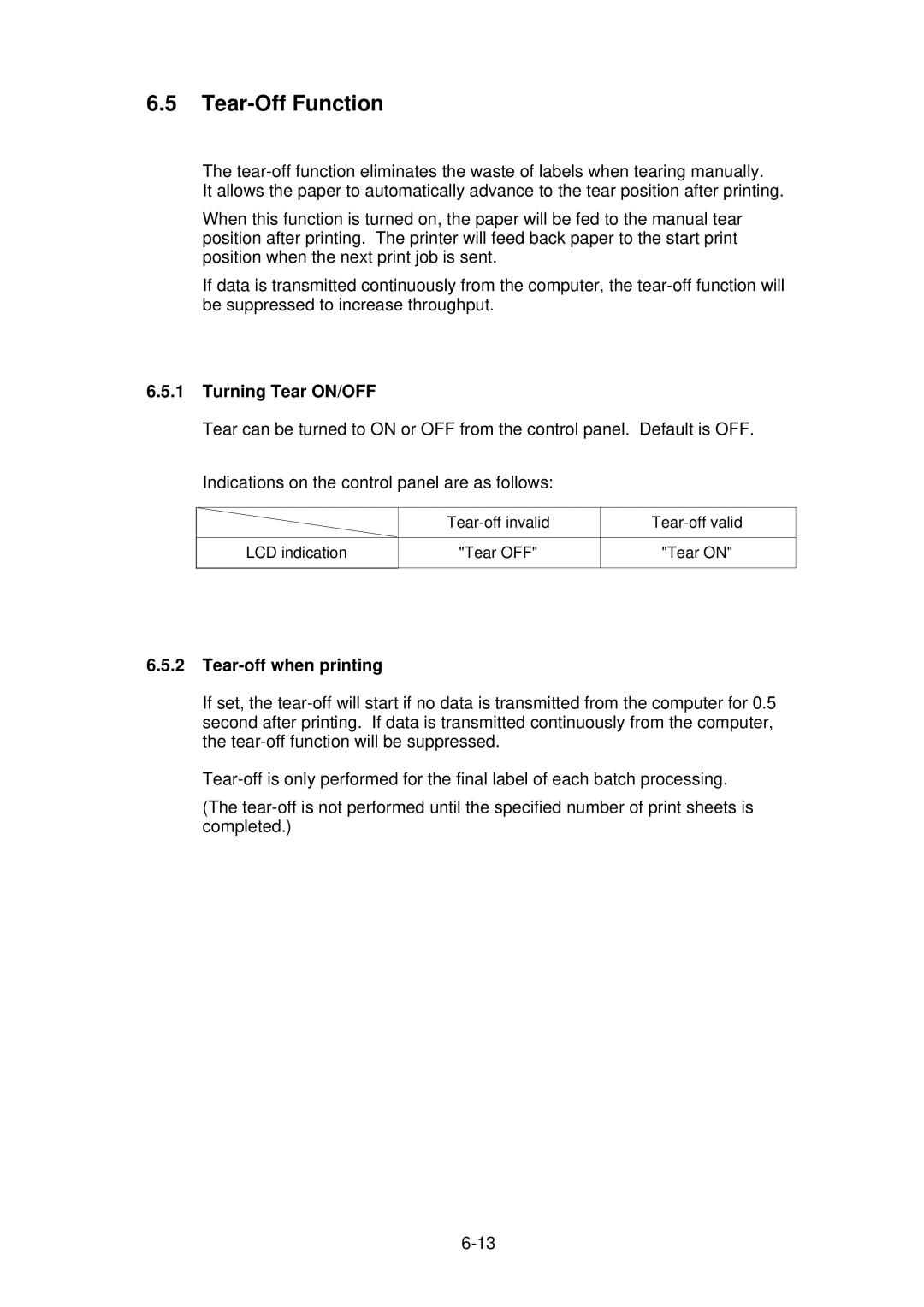 Citizen CLP-2001 user manual Tear-Off Function, Turning Tear ON/OFF, Tear-off when printing 