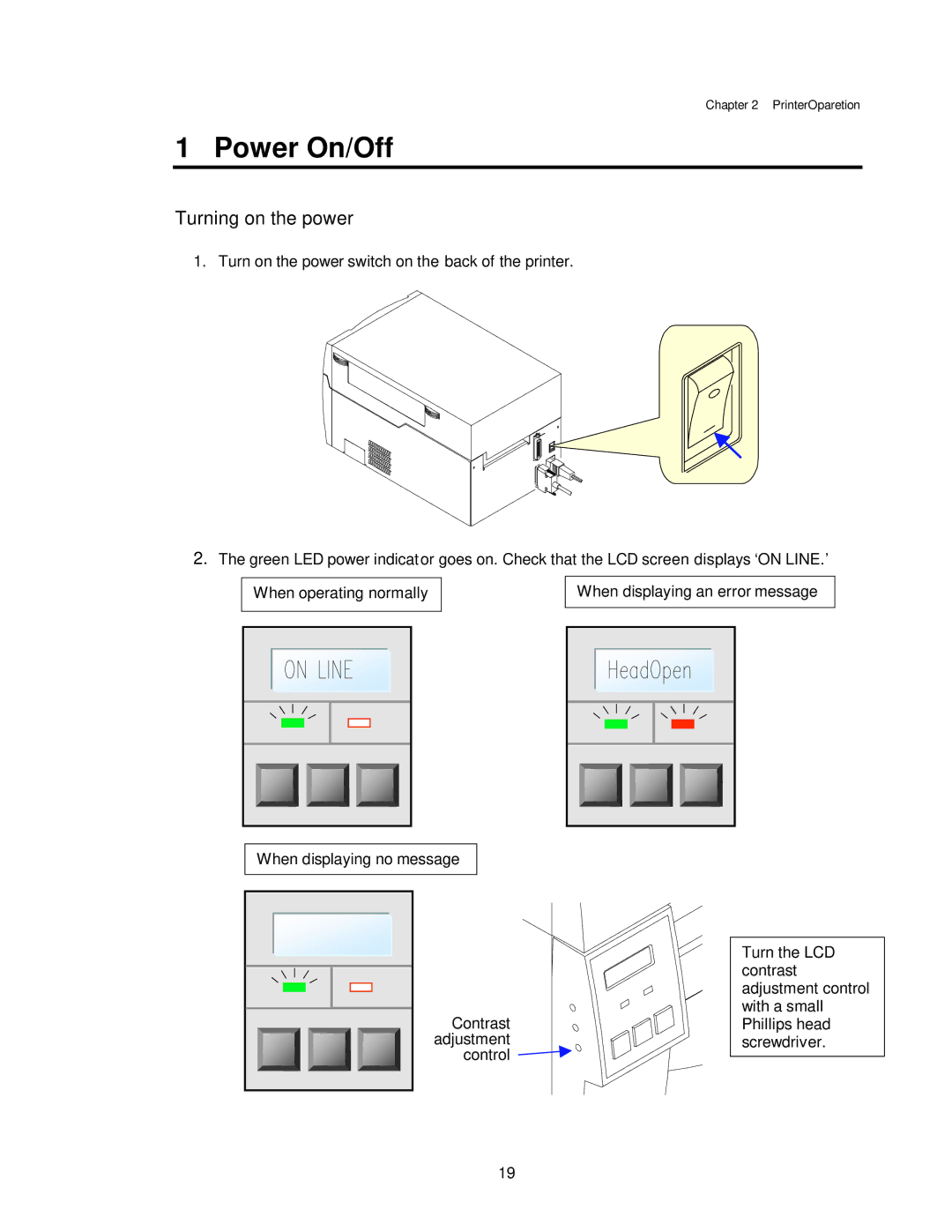 Citizen CLP-7001, CLP-7401, CLP-7002 user manual Power On/Off, Turning on the power 