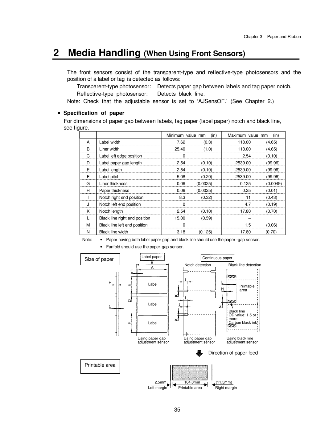 Citizen CLP-7401, CLP-7001, CLP-7002 user manual Media Handling When Using Front Sensors, Specification of paper 