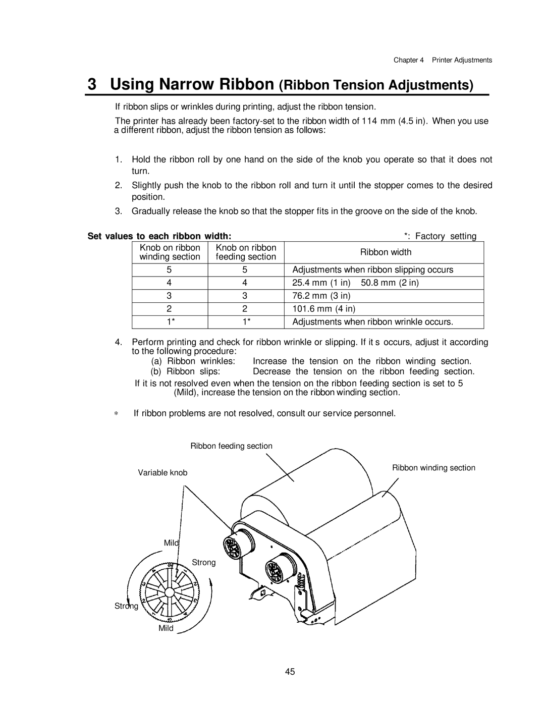 Citizen CLP-7001, CLP-7401, CLP-7002 Using Narrow Ribbon Ribbon Tension Adjustments, Set values to each ribbon width 