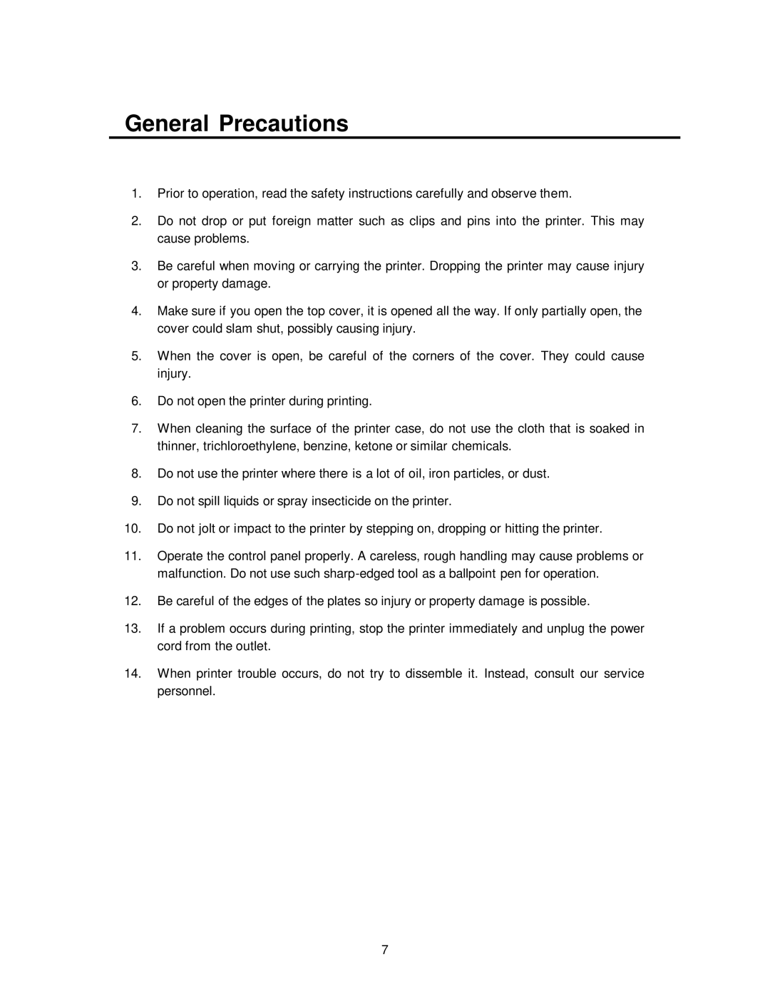 Citizen CLP-7002, CLP-7401, CLP-7001 user manual General Precautions 