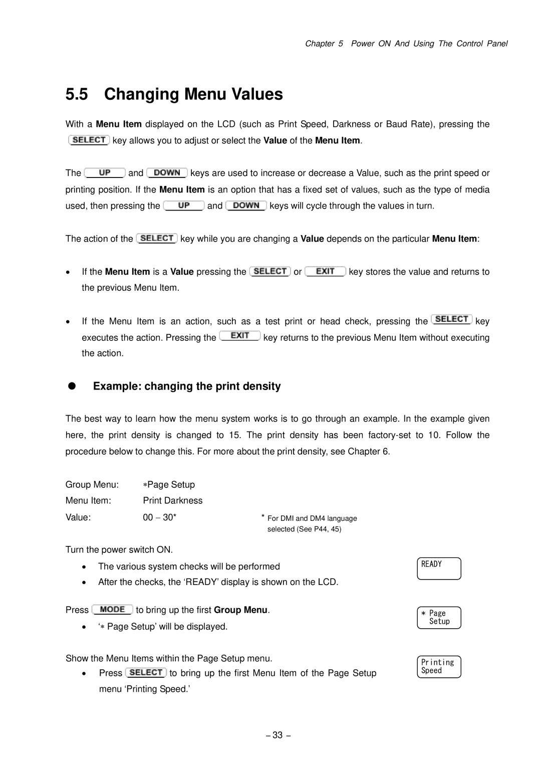 Citizen CLP-9001, CLP-9301 user manual Changing Menu Values, Example changing the print density 