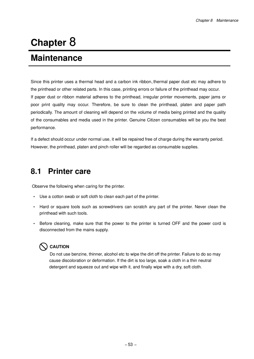 Citizen CLP-9301, CLP-9001 user manual Maintenance, Printer care 