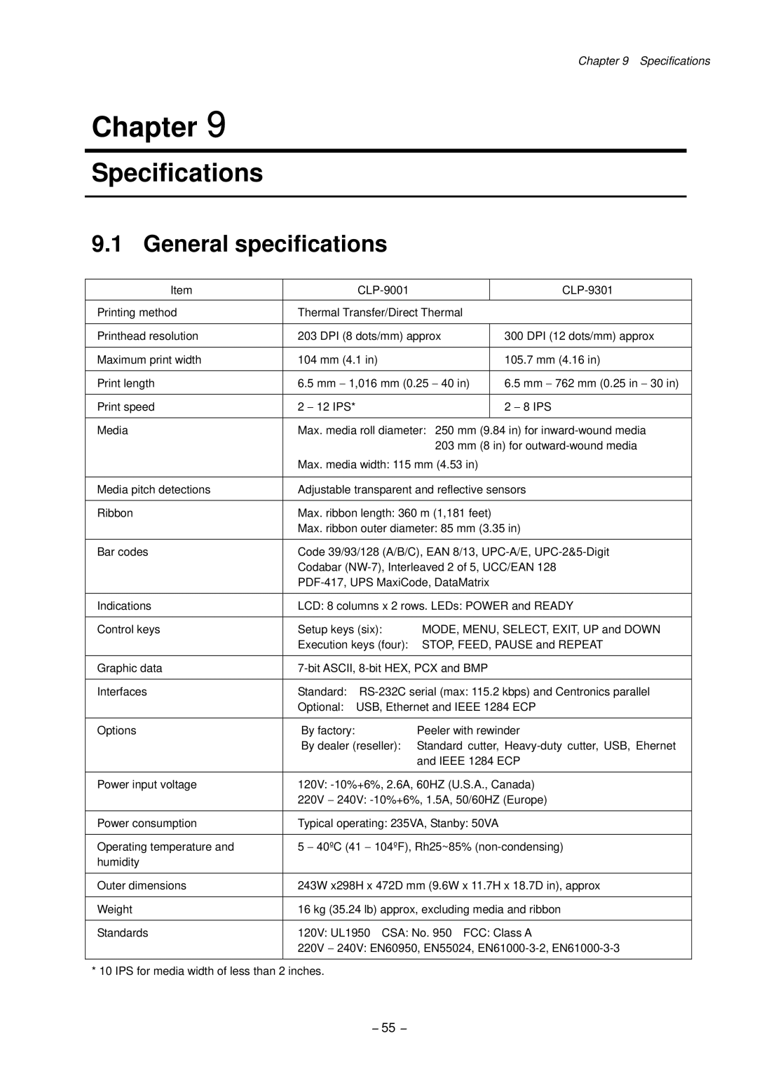 Citizen CLP-9301, CLP-9001 user manual Specifications, General specifications 