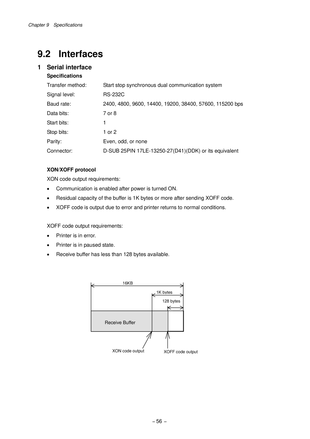 Citizen CLP-9001, CLP-9301 user manual Interfaces, Serial interface, Specifications, XON/XOFF protocol 