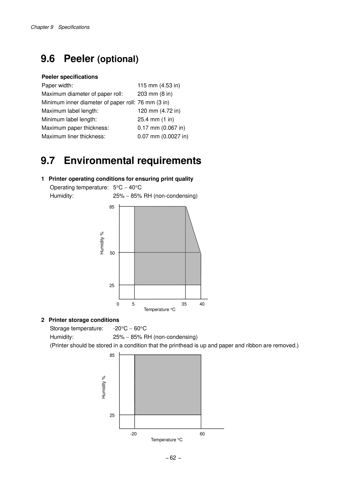 Citizen CLP-9001, CLP-9301 user manual Environmental requirements, Peeler specifications, Printer storage conditions 