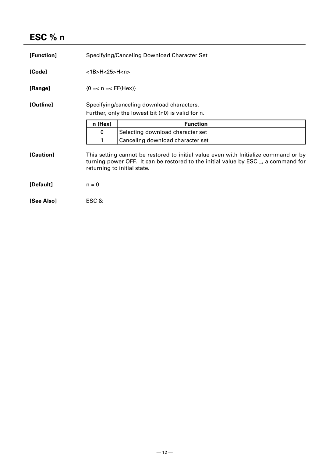 Citizen CMP-10 manual ESC % n, Default See Also 