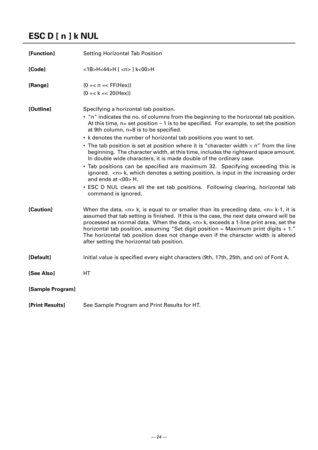 Citizen CMP-10 manual ESC D n k NUL, See Also Sample Program Print Results 