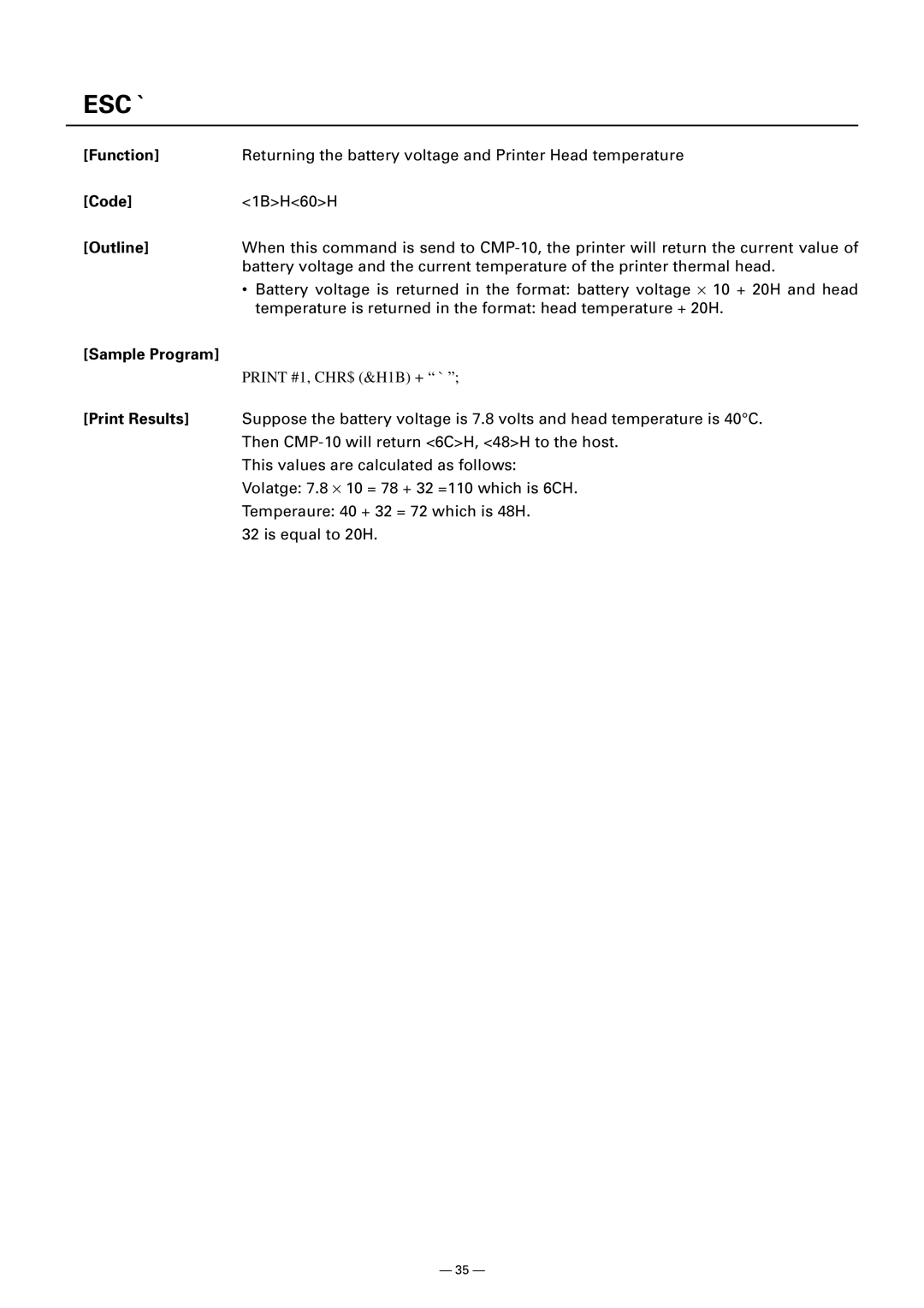 Citizen CMP-10 manual Esc `, Print Results 