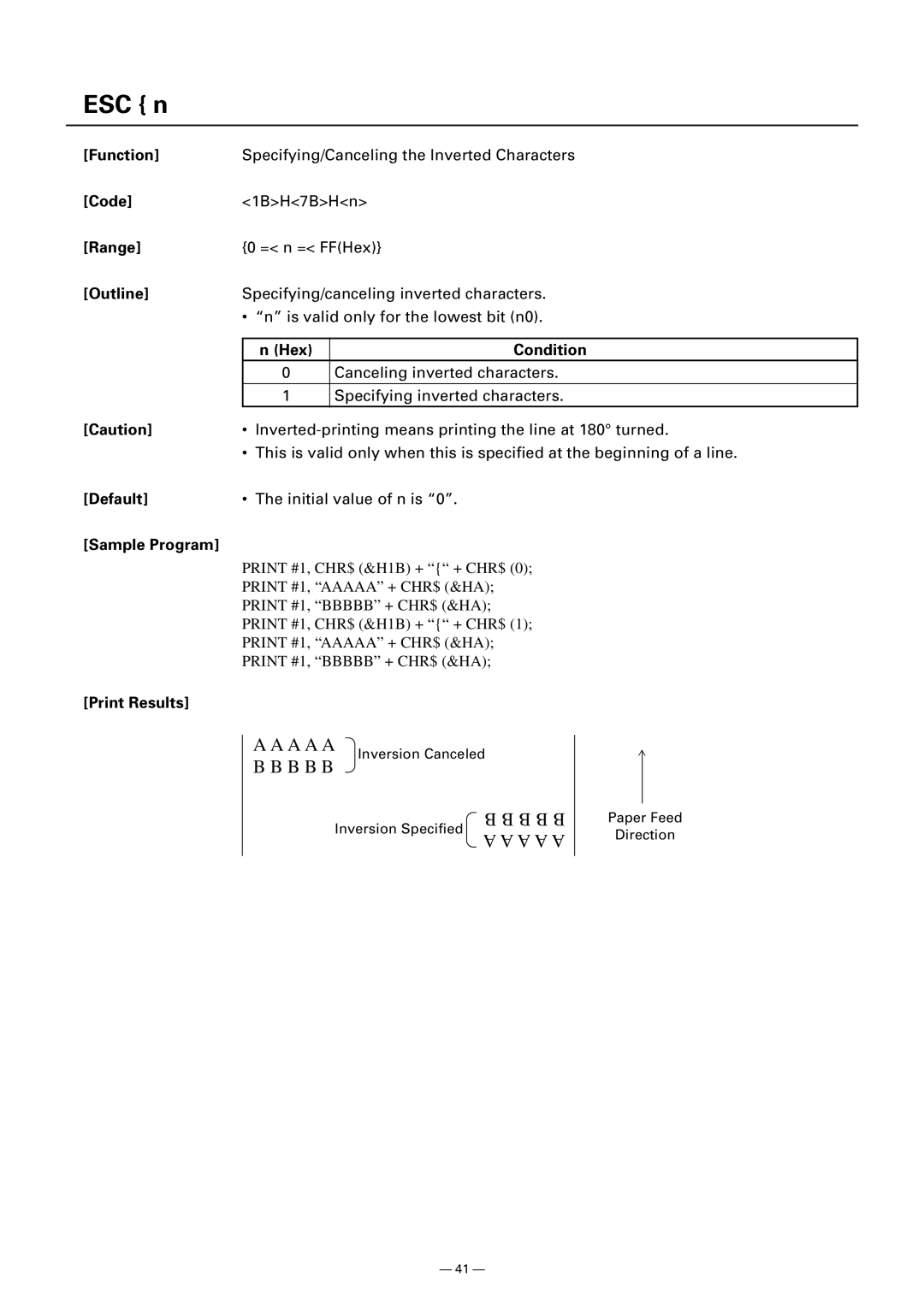 Citizen CMP-10 manual ESC n, Default Initial value of n is Sample Program 