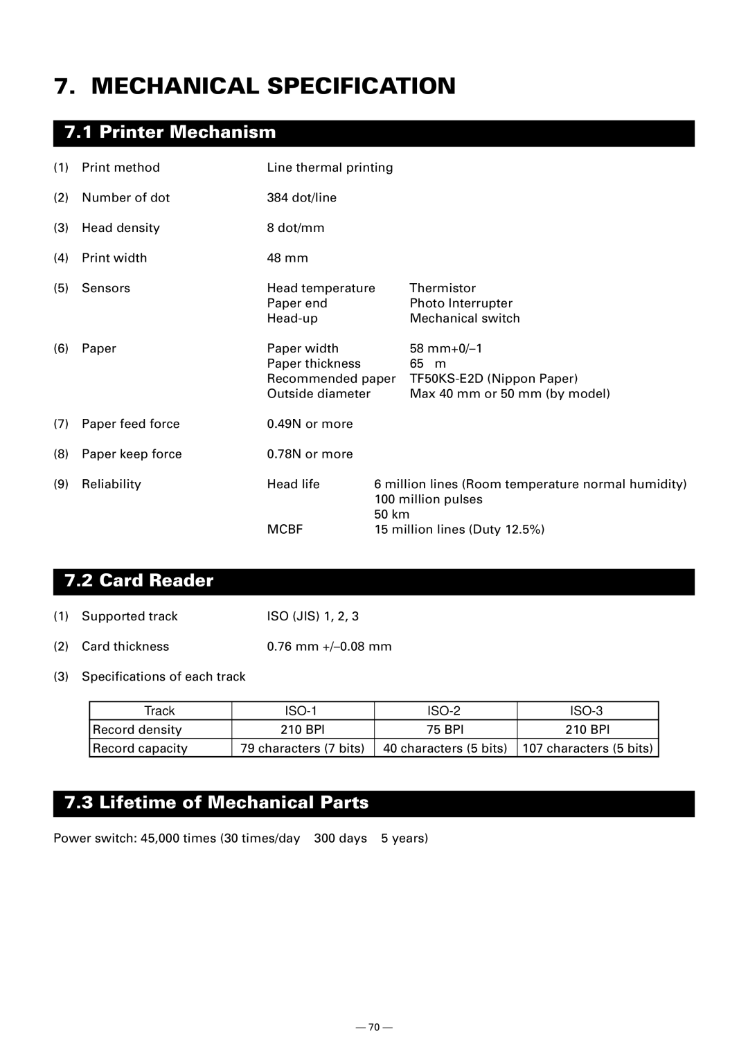 Citizen CMP-10 manual Mechanical Specification, Printer Mechanism 