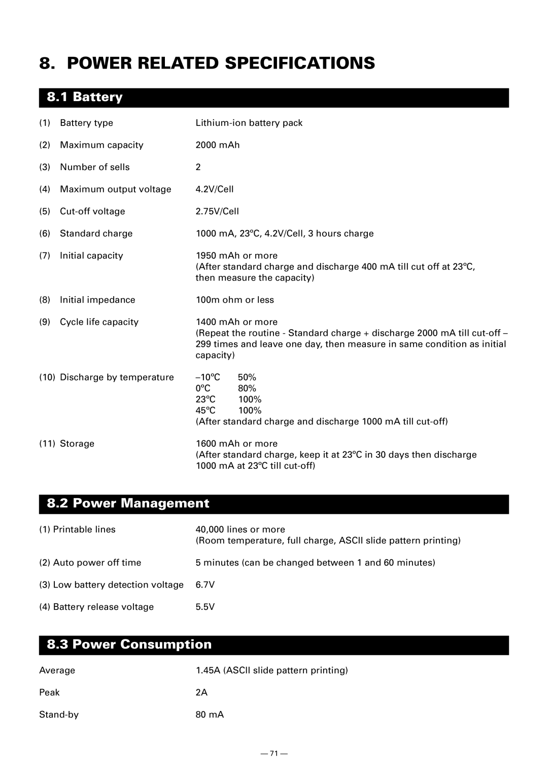 Citizen CMP-10 manual Power Related Specifications, Battery 