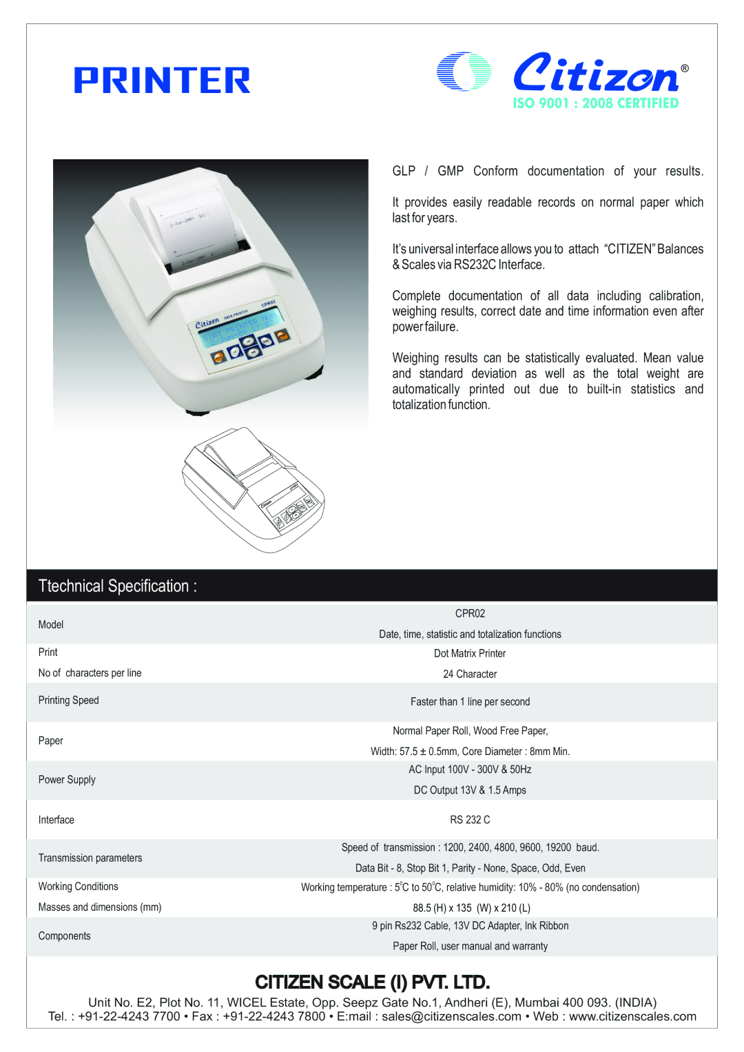 Citizen CPR02 technical specifications Printer, Ttechnical Specification 