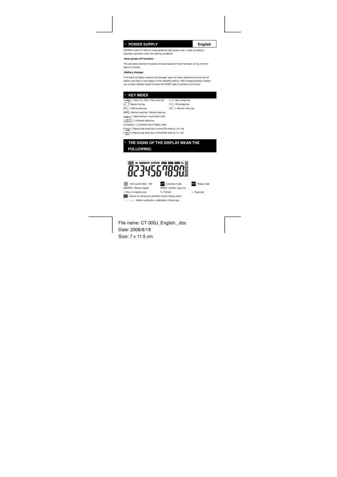 Citizen CT-300J manual Power Supply, English, KEY Index, Signs of the Display Mean the Following 