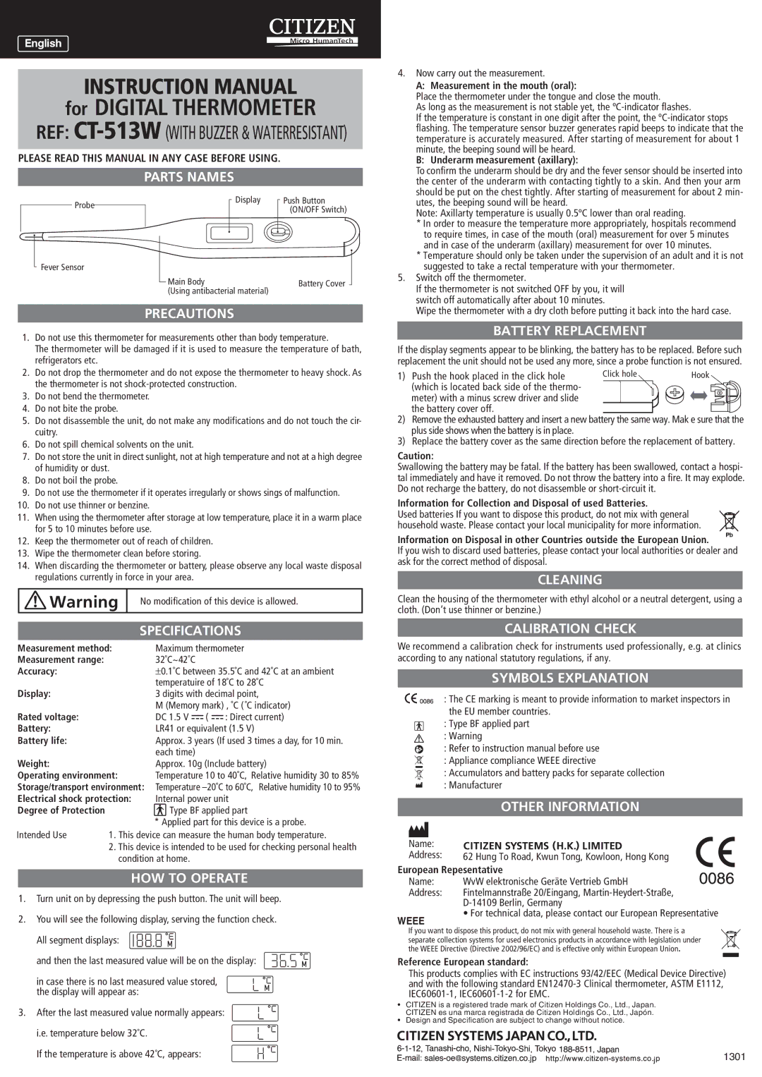 Citizen CT-513W instruction manual Parts Names, Precautions, Specifications, Battery Replacement, Cleaning, HOW to Operate 