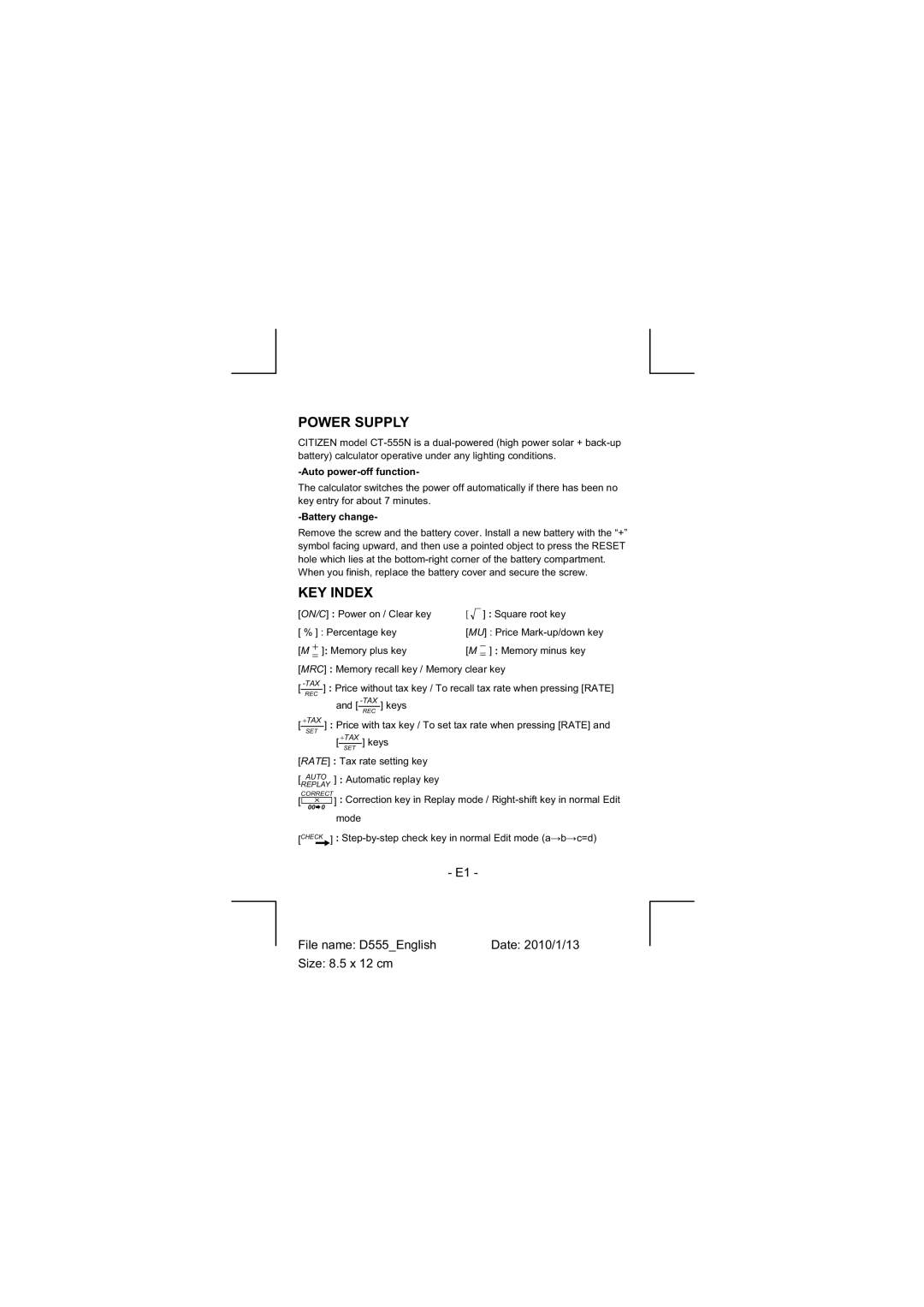 Citizen CT-555N Power Supply, KEY Index, File name D555English Date 2010/1/13 Size 8.5 x 12 cm, Auto power-off function 