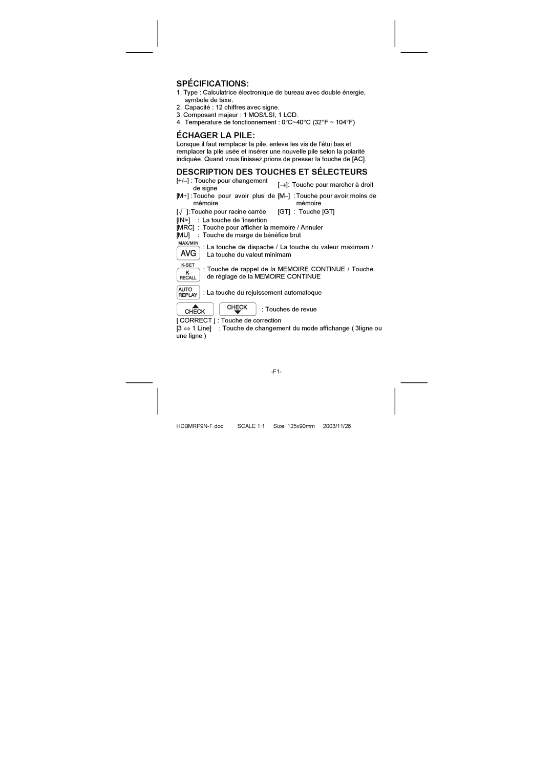 Citizen CT-770II manual Spécifications, Échager LA Pile, Description DES Touches ET Sélecteurs 