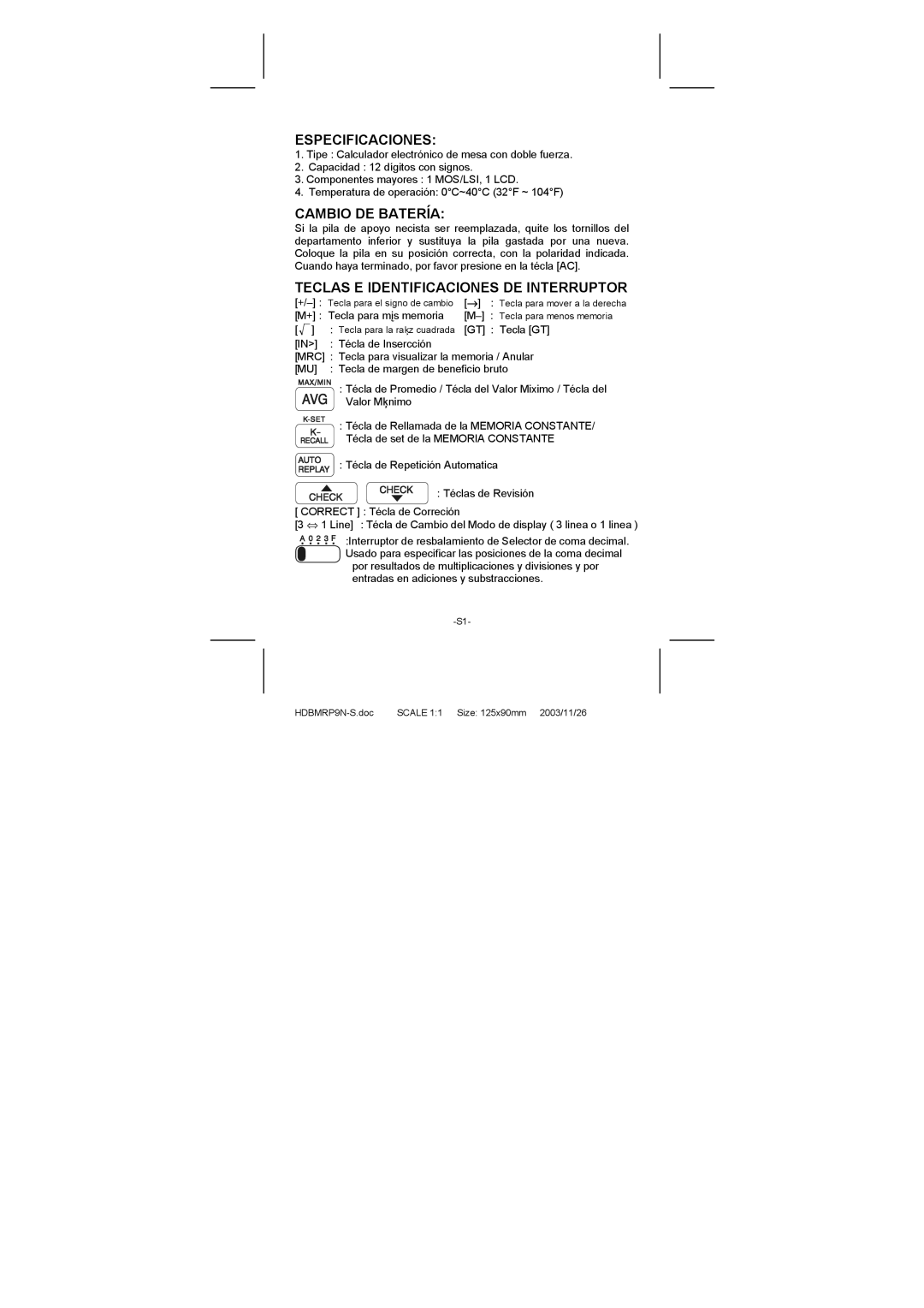 Citizen CT-770II manual Especificaciones, Cambio DE Batería, Teclas E Identificaciones DE Interruptor 