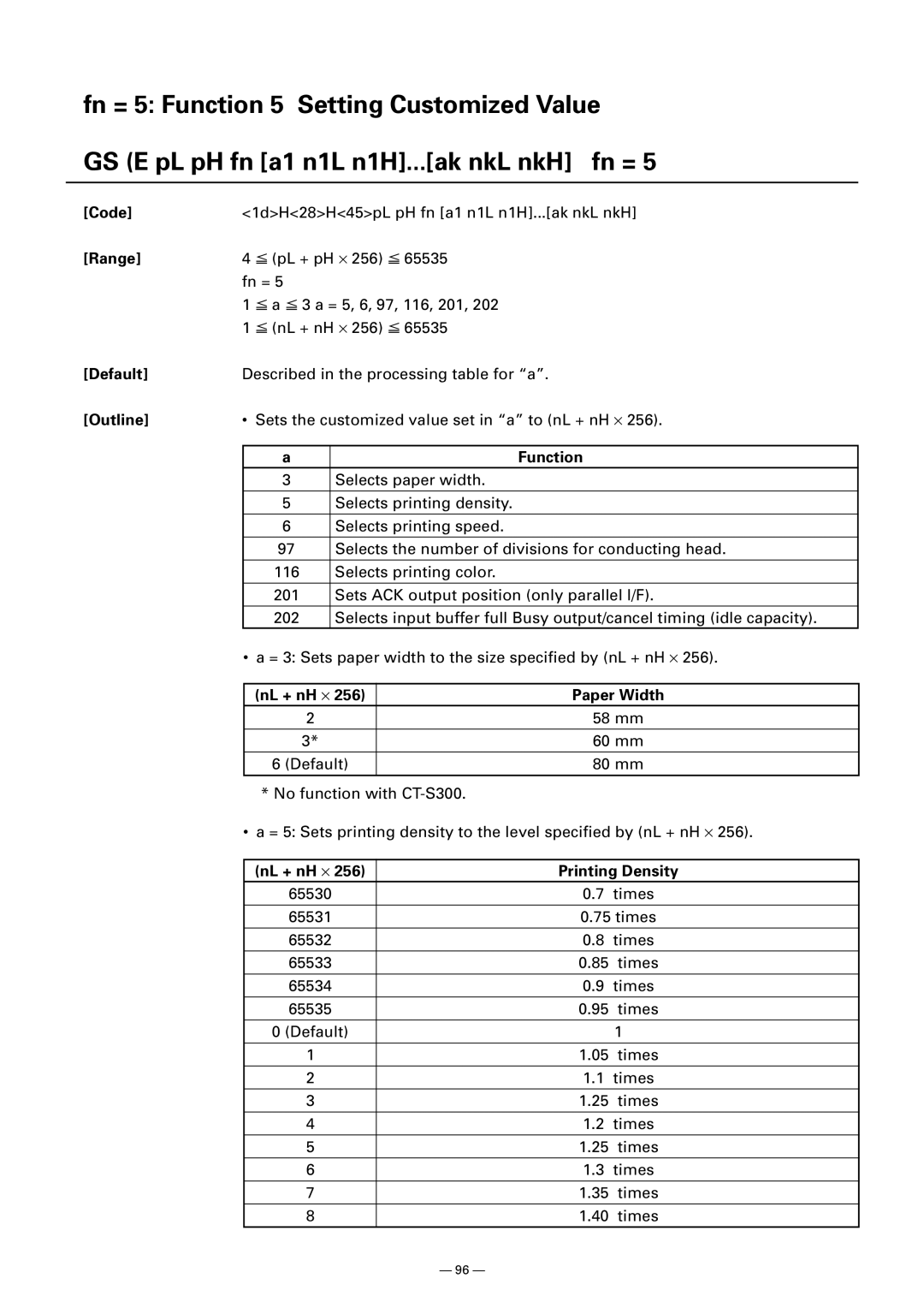 Citizen CT-S300 manual NL + nH ⋅ Paper Width, NL + nH ⋅ Printing Density 