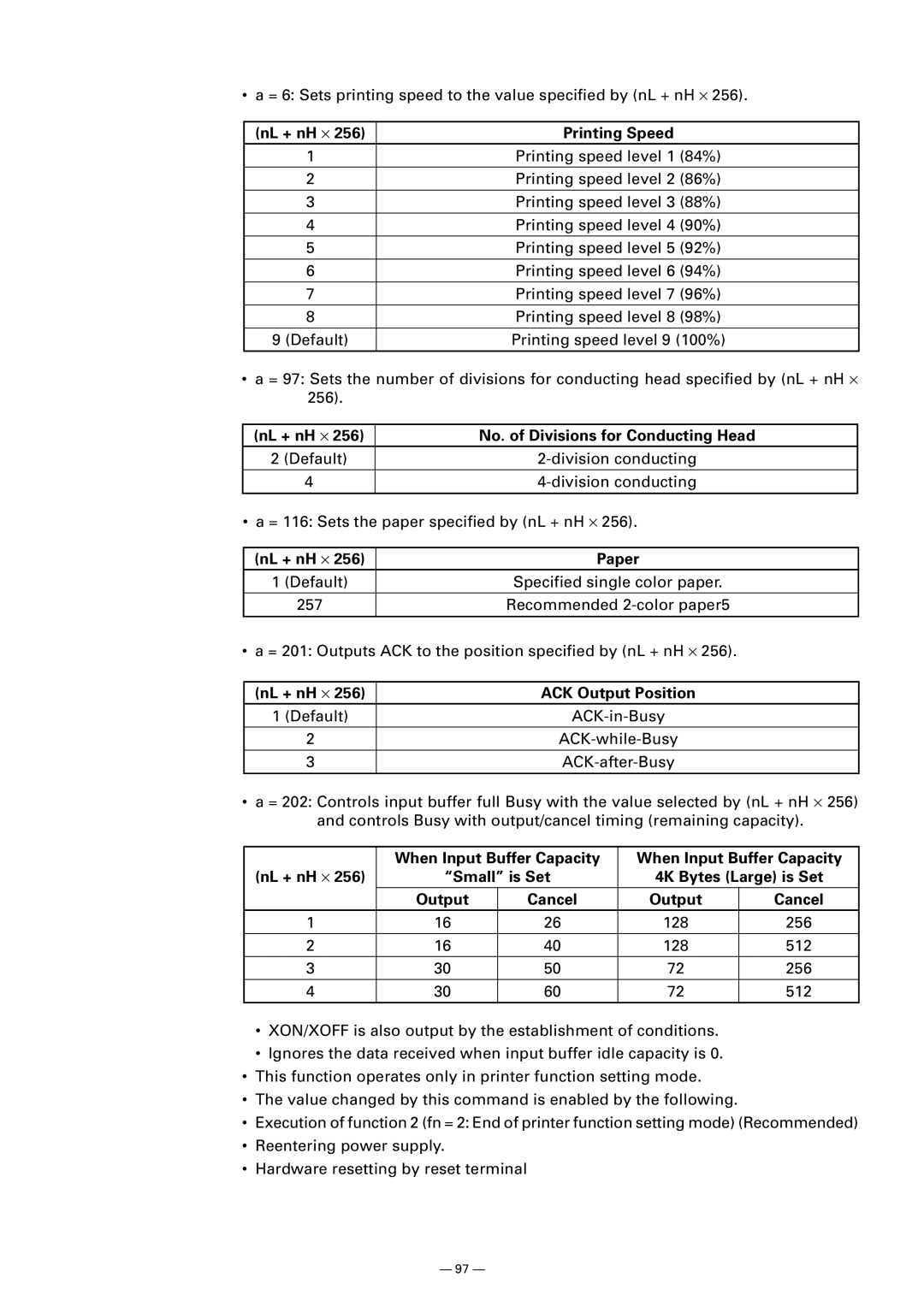 Citizen CT-S300 manual NL + nH ⋅ Printing Speed, NL + nH ⋅ No. of Divisions for Conducting Head, NL + nH ⋅ Paper 