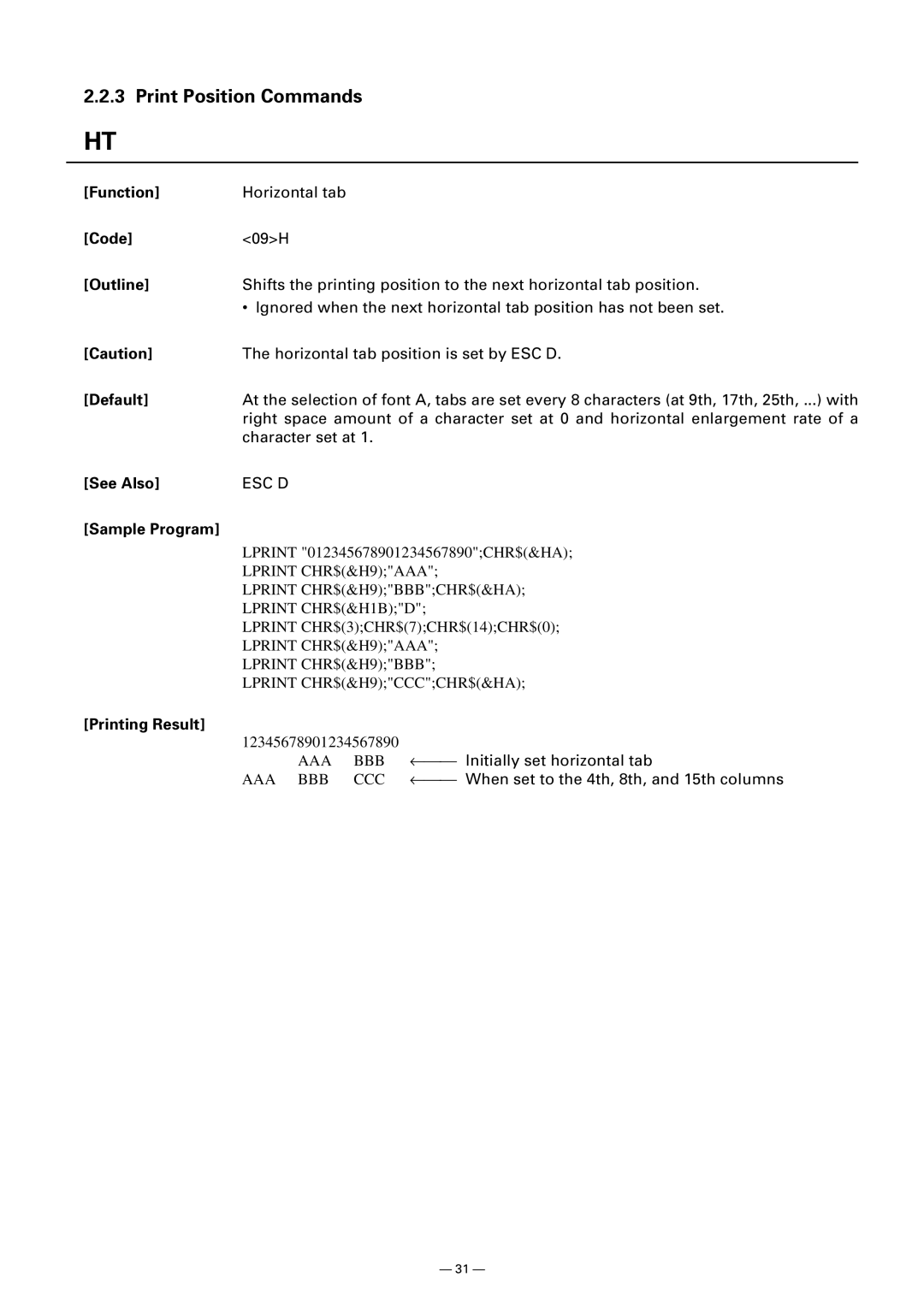 Citizen CT-S300 manual Print Position Commands, Printing Result 