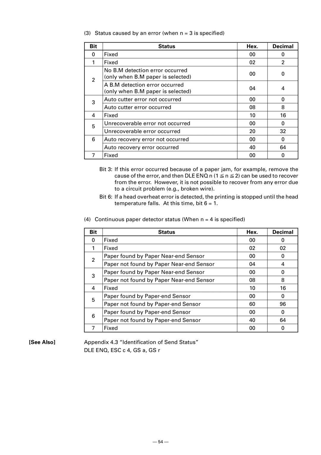 Citizen CT-S300 manual Status caused by an error when n = 3 is specified 