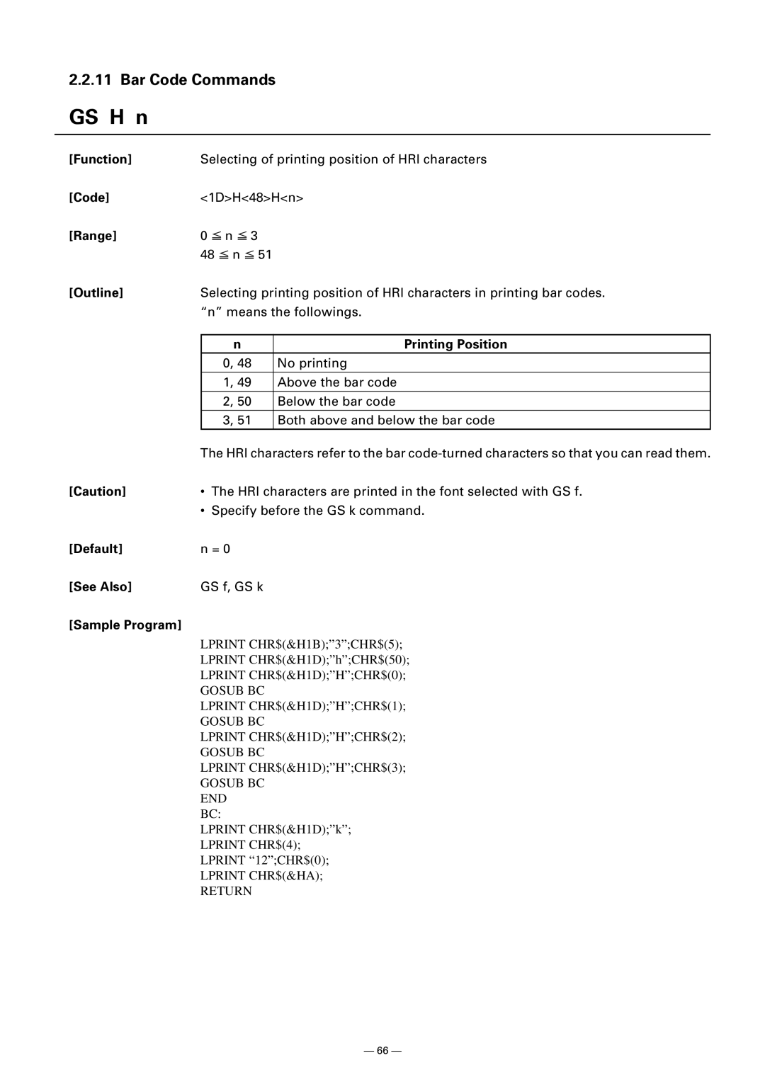 Citizen CT-S300 manual GS H n, Printing Position 