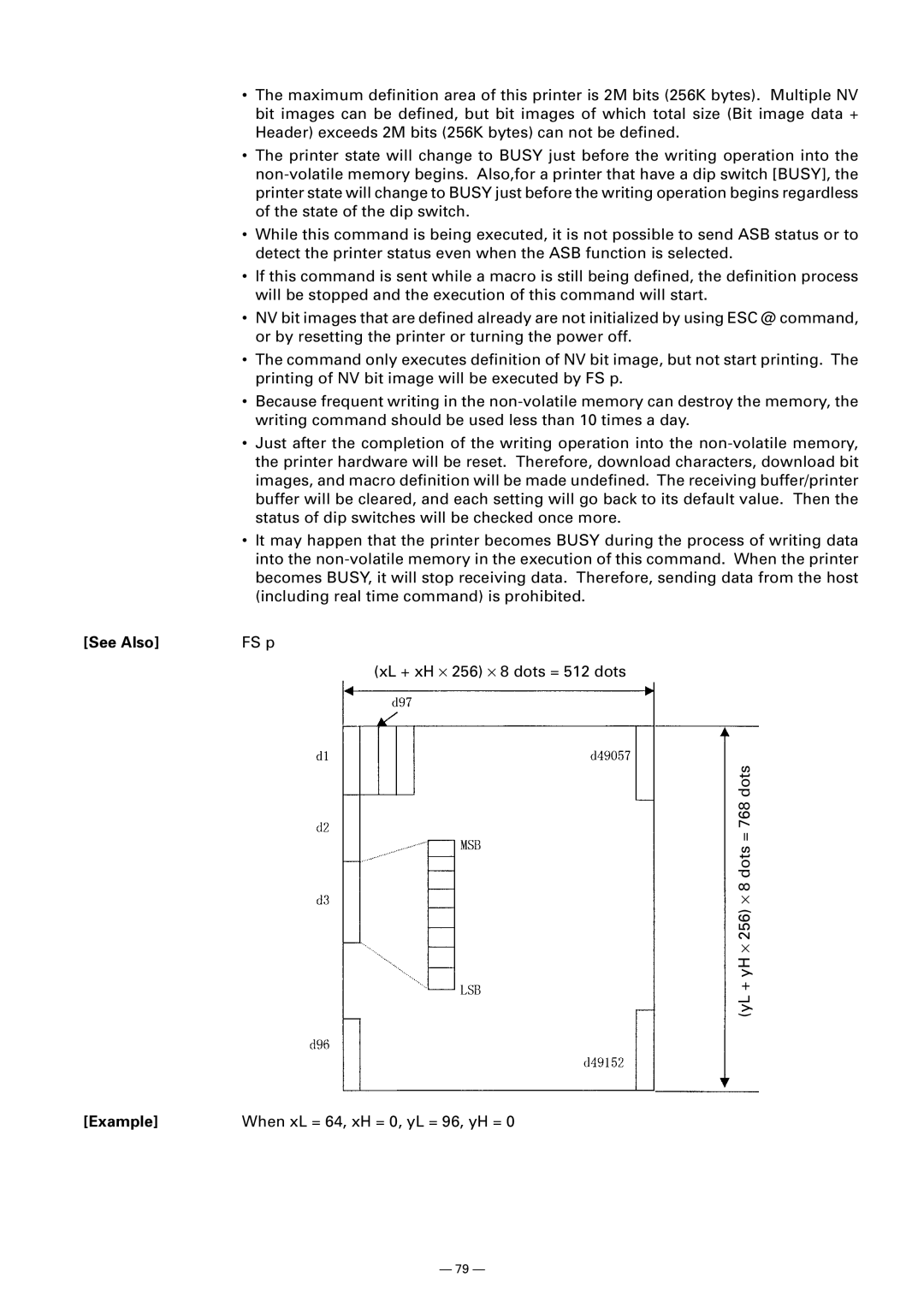 Citizen CT-S300 manual See Also, Example When xL = 64, xH = 0, yL = 96, yH = 