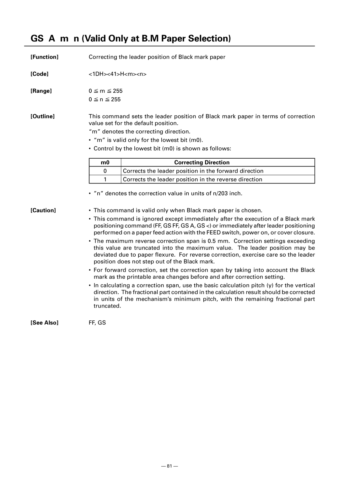 Citizen CT-S300 manual GS a m n Valid Only at B.M Paper Selection, Correcting Direction, Ff, Gs 