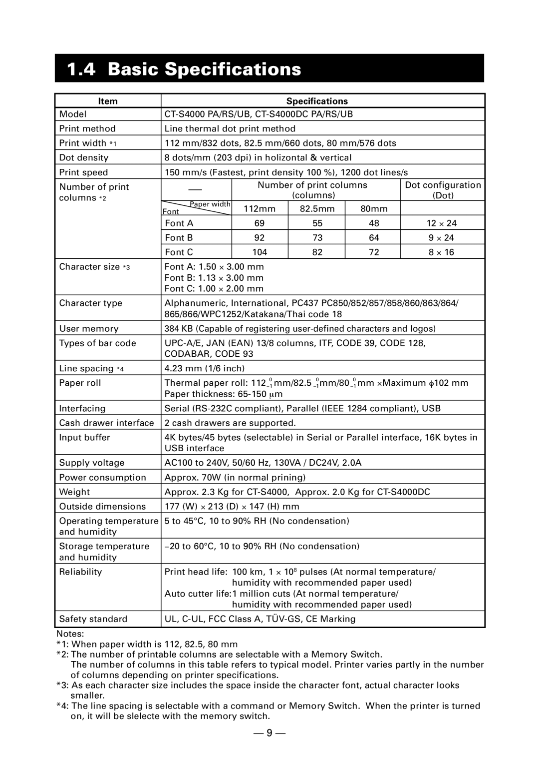 Citizen CT-S4000DC user manual Basic Specifications 