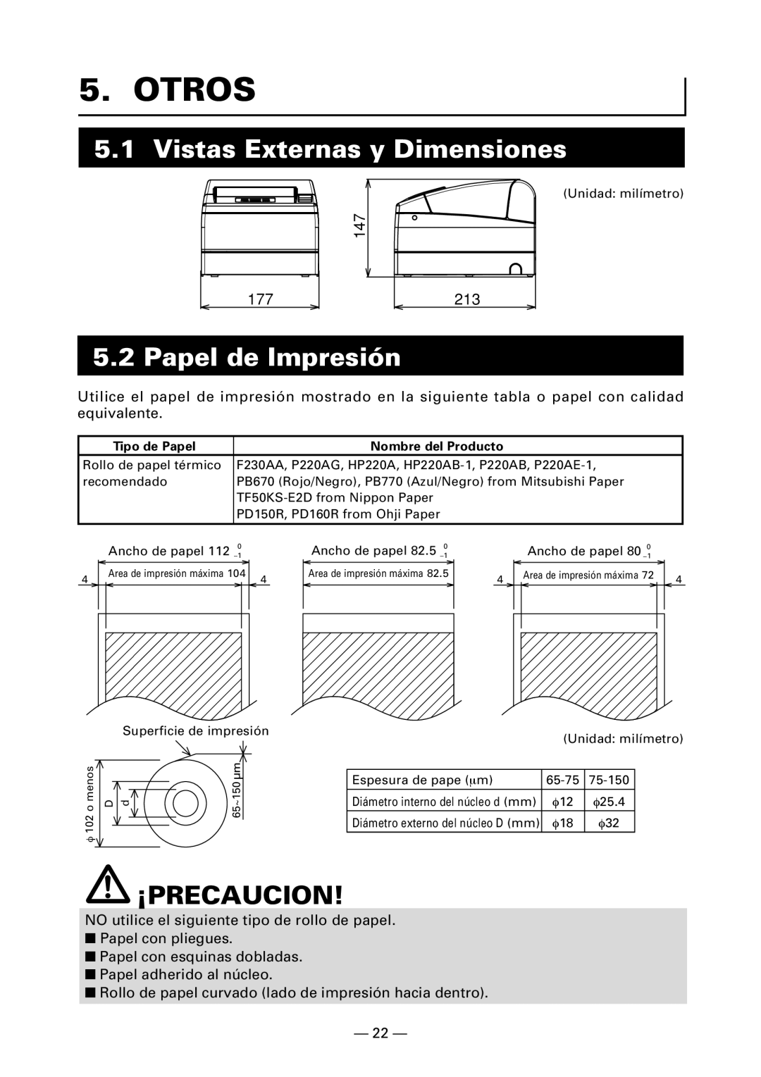 Citizen CT-S4000DC Otros, Vistas Externas y Dimensiones, Papel de Impresión, Tipo de Papel Nombre del Producto 