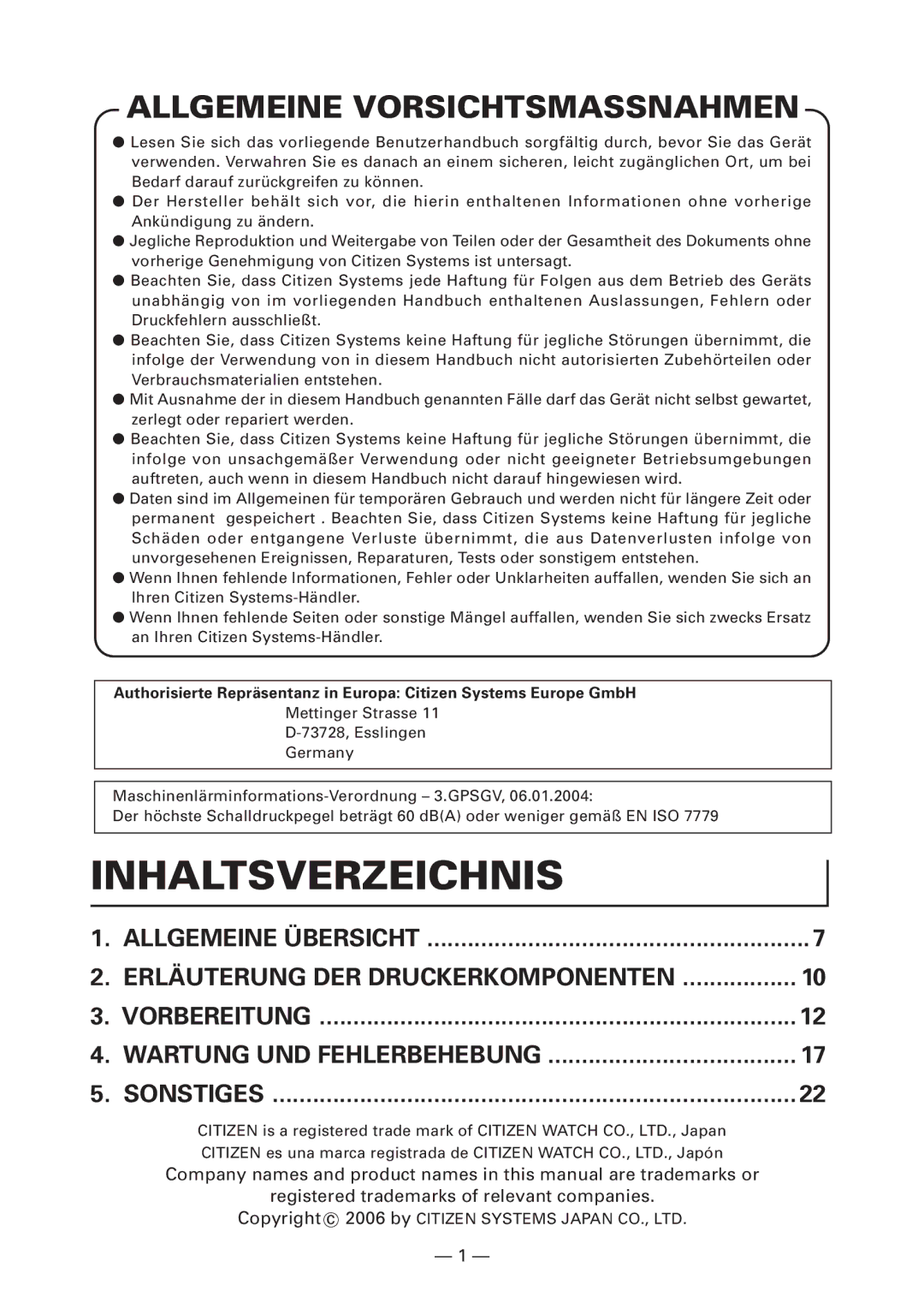 Citizen CT-S4000DC user manual Inhaltsverzeichnis, Allgemeine Vorsichtsmassnahmen 