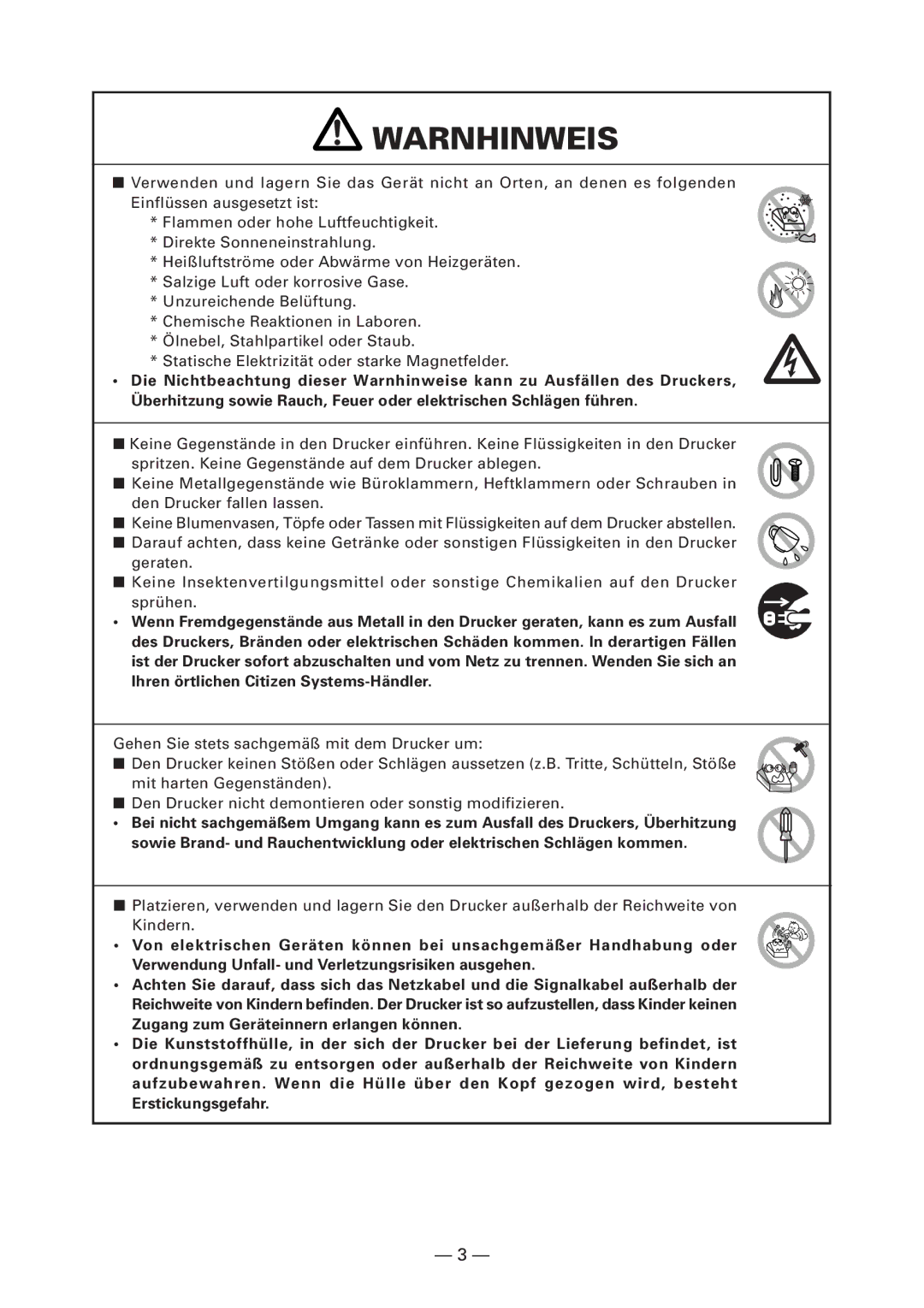 Citizen CT-S4000DC user manual Warnhinweis 