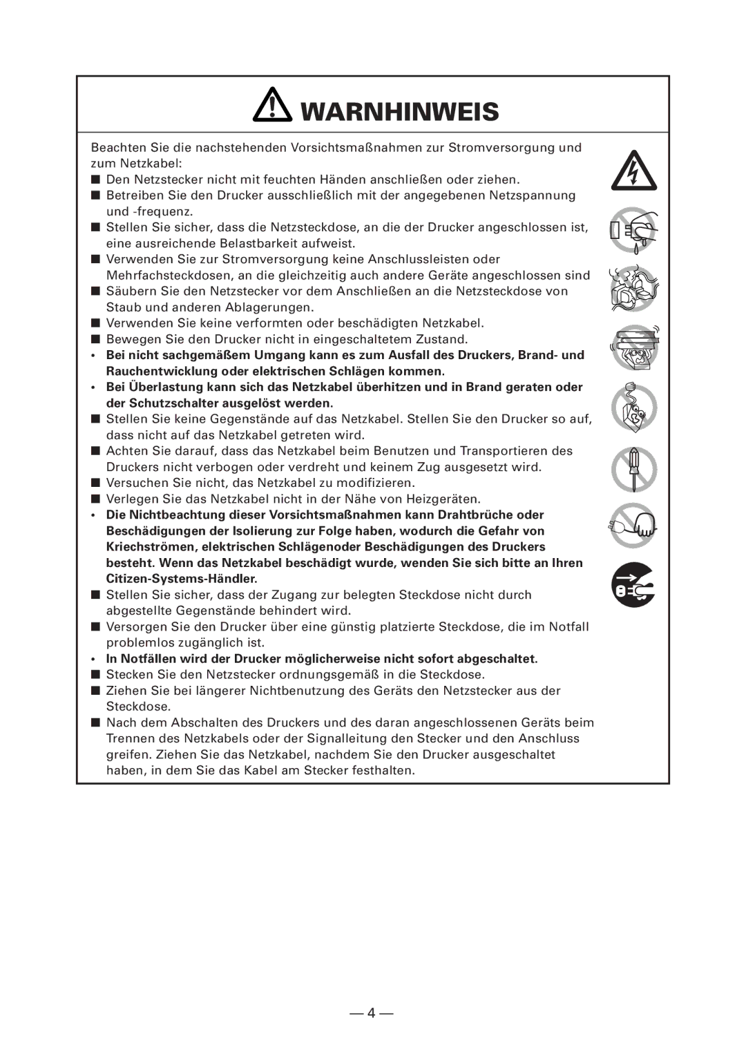 Citizen CT-S4000DC user manual Warnhinweis 