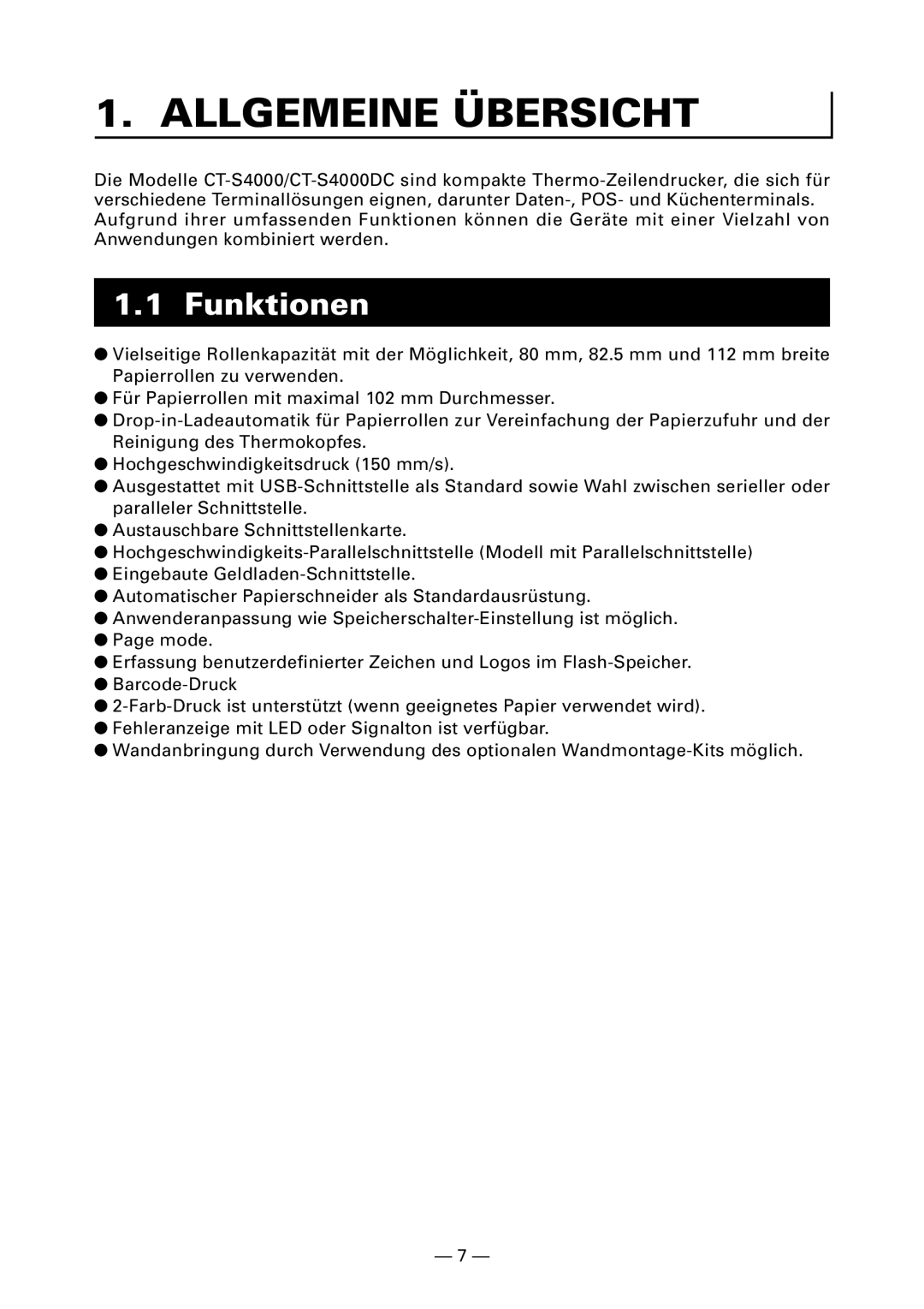 Citizen CT-S4000DC user manual Allgemeine Übersicht, Funktionen 