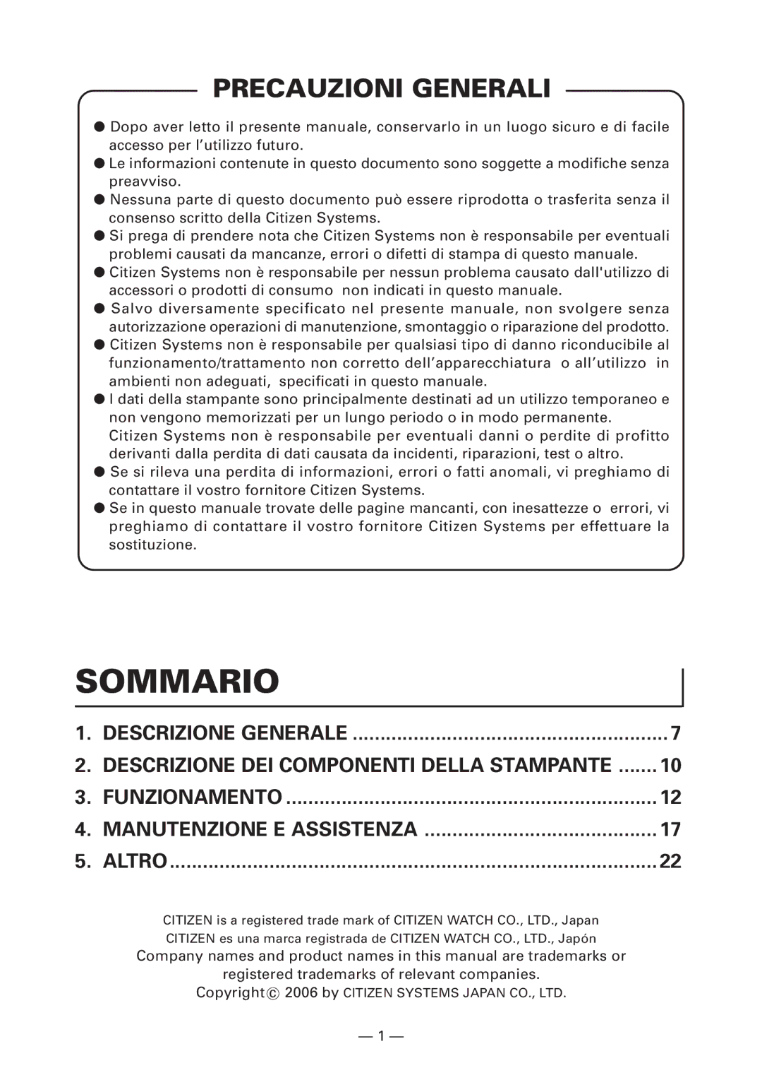 Citizen CT-S4000DC user manual Sommario, Precauzioni Generali 