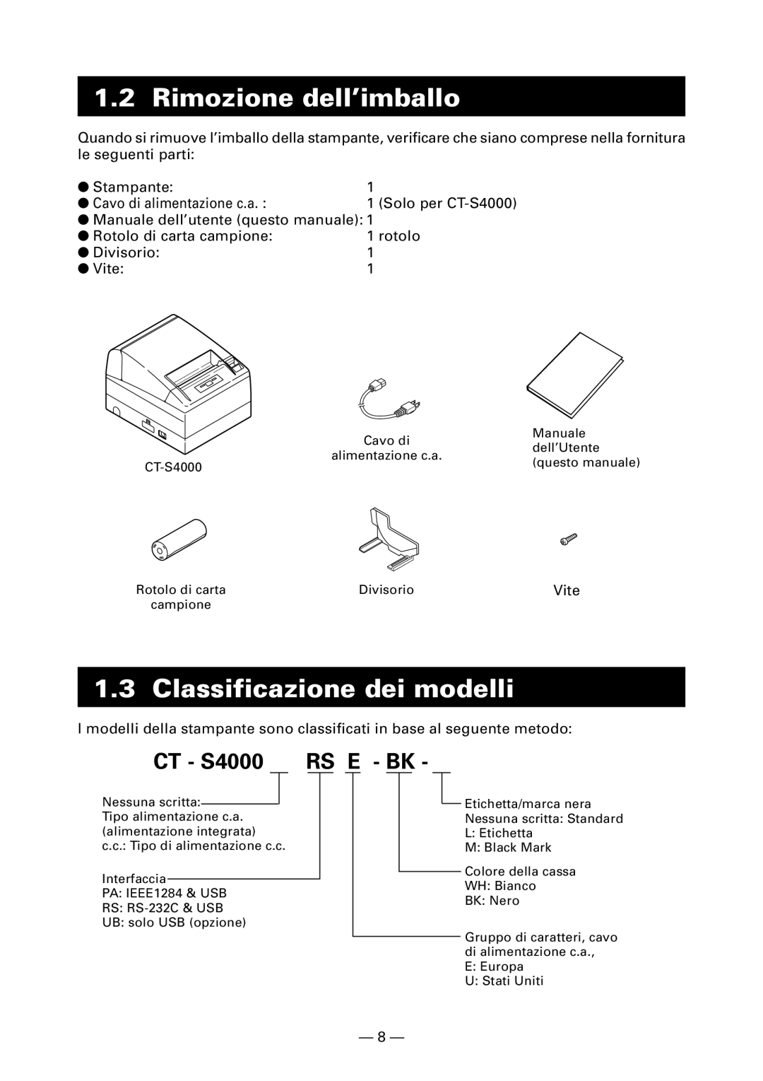 Citizen CT-S4000DC user manual Rimozione dell’imballo, Classificazione dei modelli 