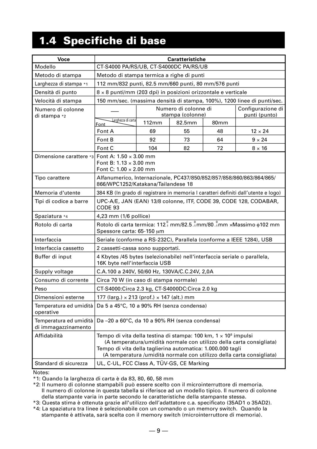 Citizen CT-S4000DC user manual Specifiche di base, Voce Caratteristiche 