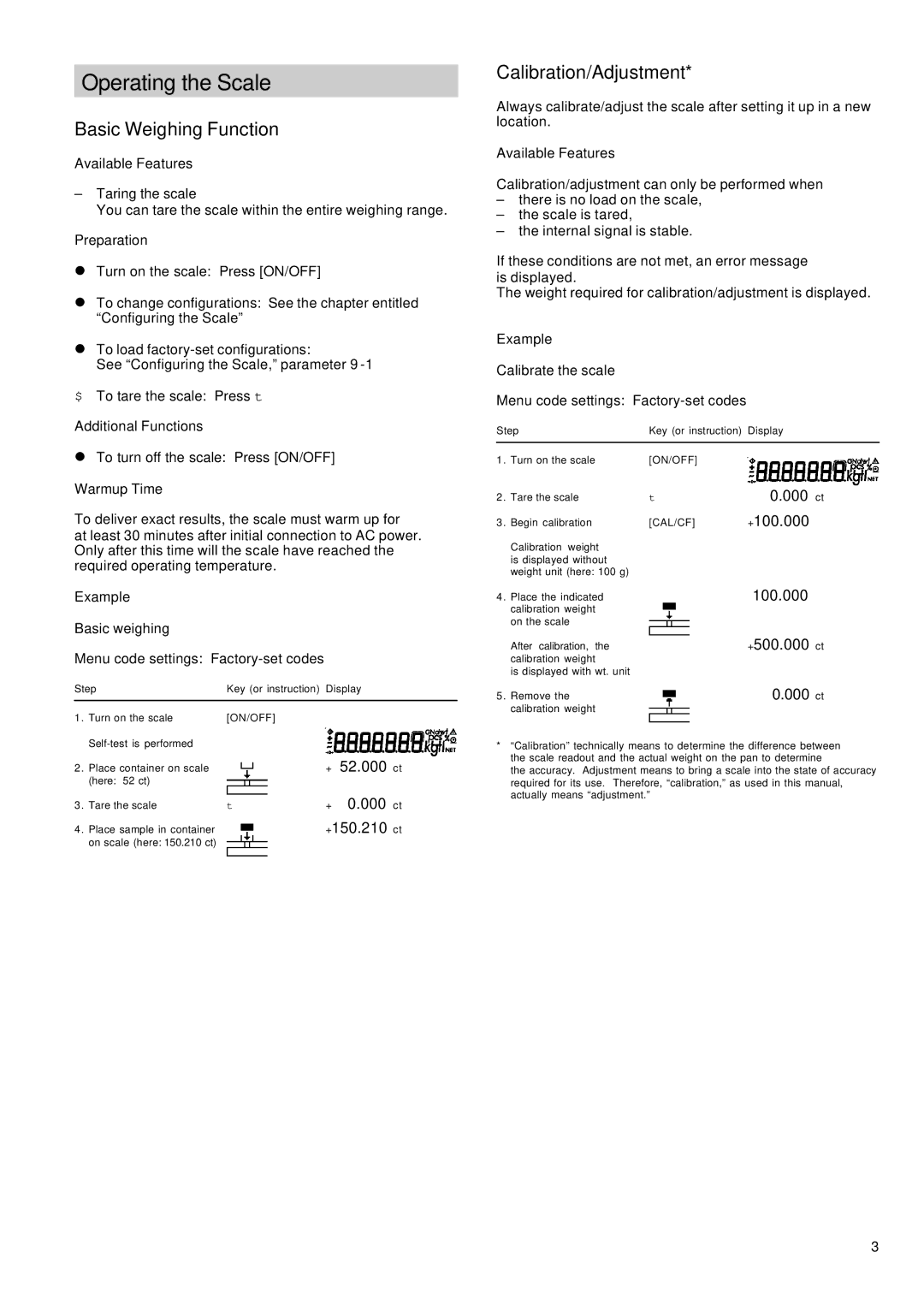 Citizen CT103, CT503 operating instructions Operating the Scale, Basic Weighing Function, Calibration/Adjustment 